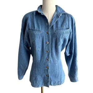 Vintage 90s Denim Button Up Shirt Womens Sz 6 Blue Chambray Padded Shoulders EUC